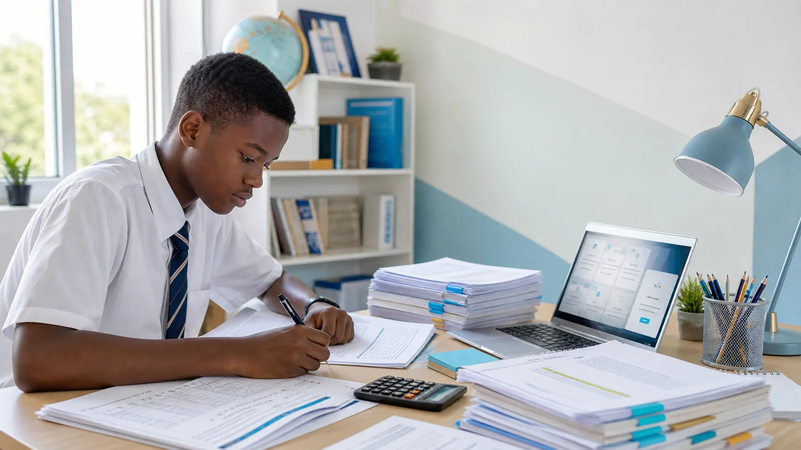 Secondary learner studying with organised exam papers and digital resources