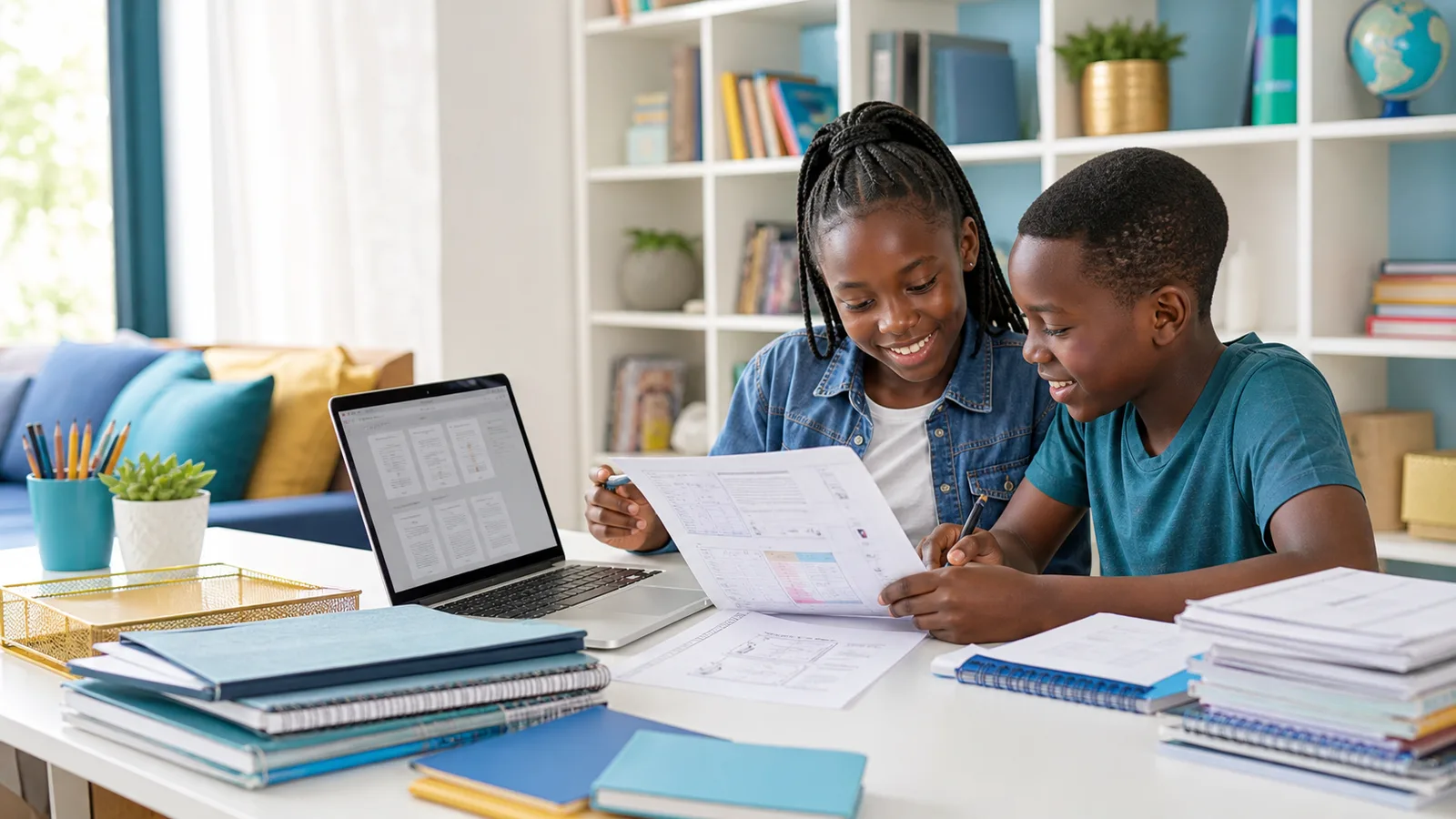 Learners reviewing organised revision notes and worksheets beside a laptop