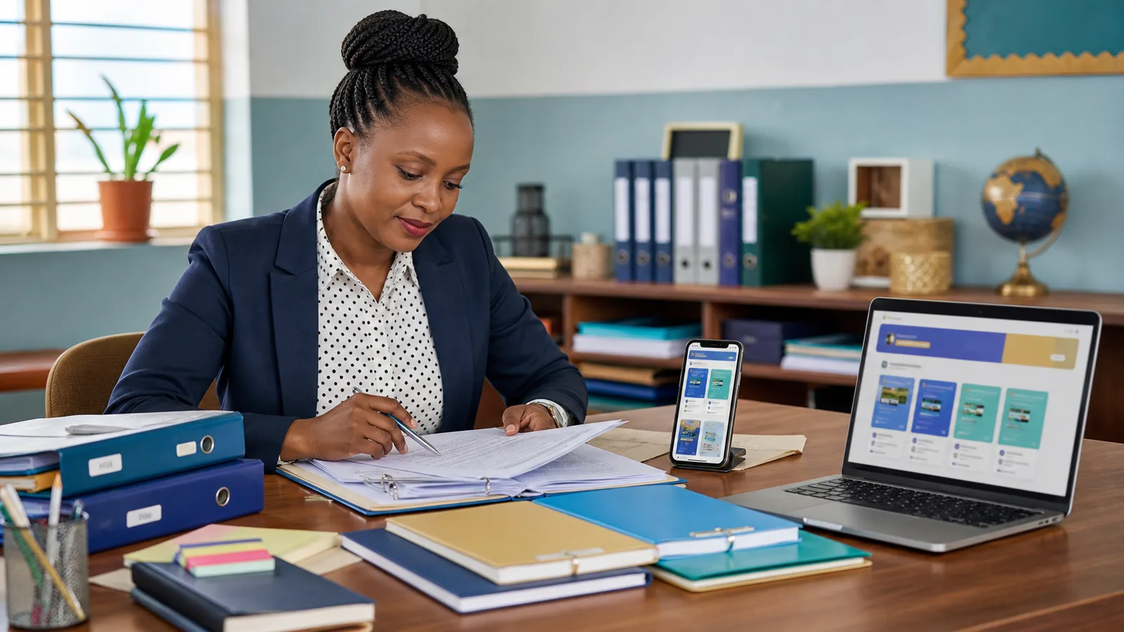 Educator reviewing professional documents beside laptop and mobile resource previews