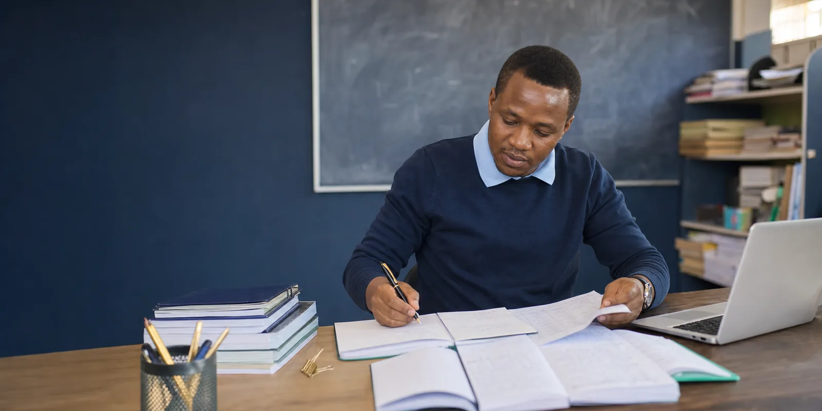 A teacher preparing organised lesson materials