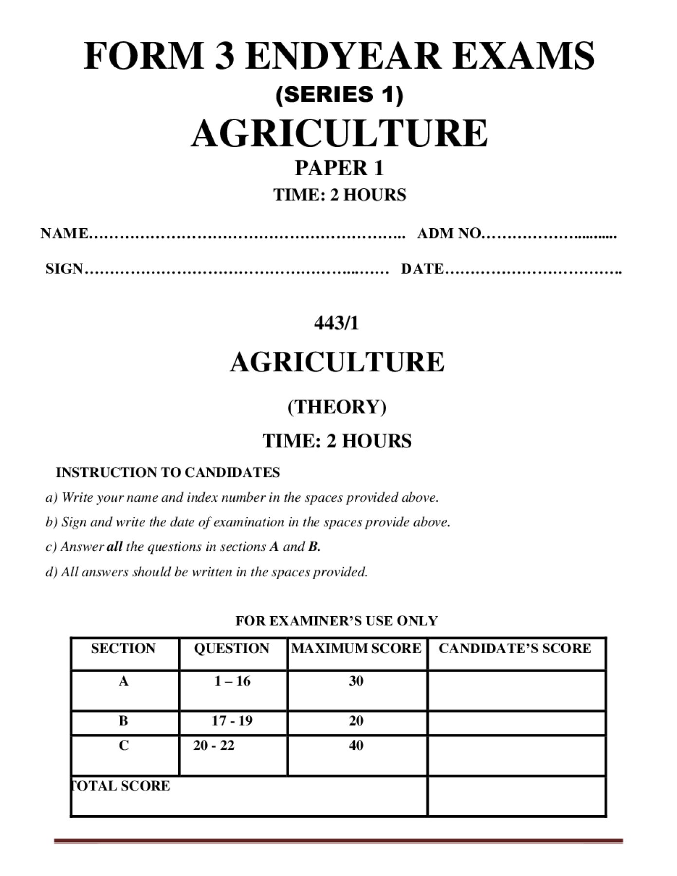 Thumbnail preview of Form 3 Agriculture Paper 1 End Term 3 2026_1