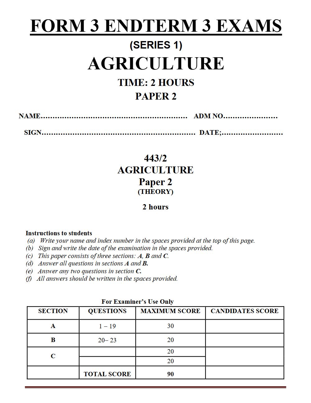 Thumbnail preview of Form 3 Agriculture Paper 2 Term 3 End Term 2026_1