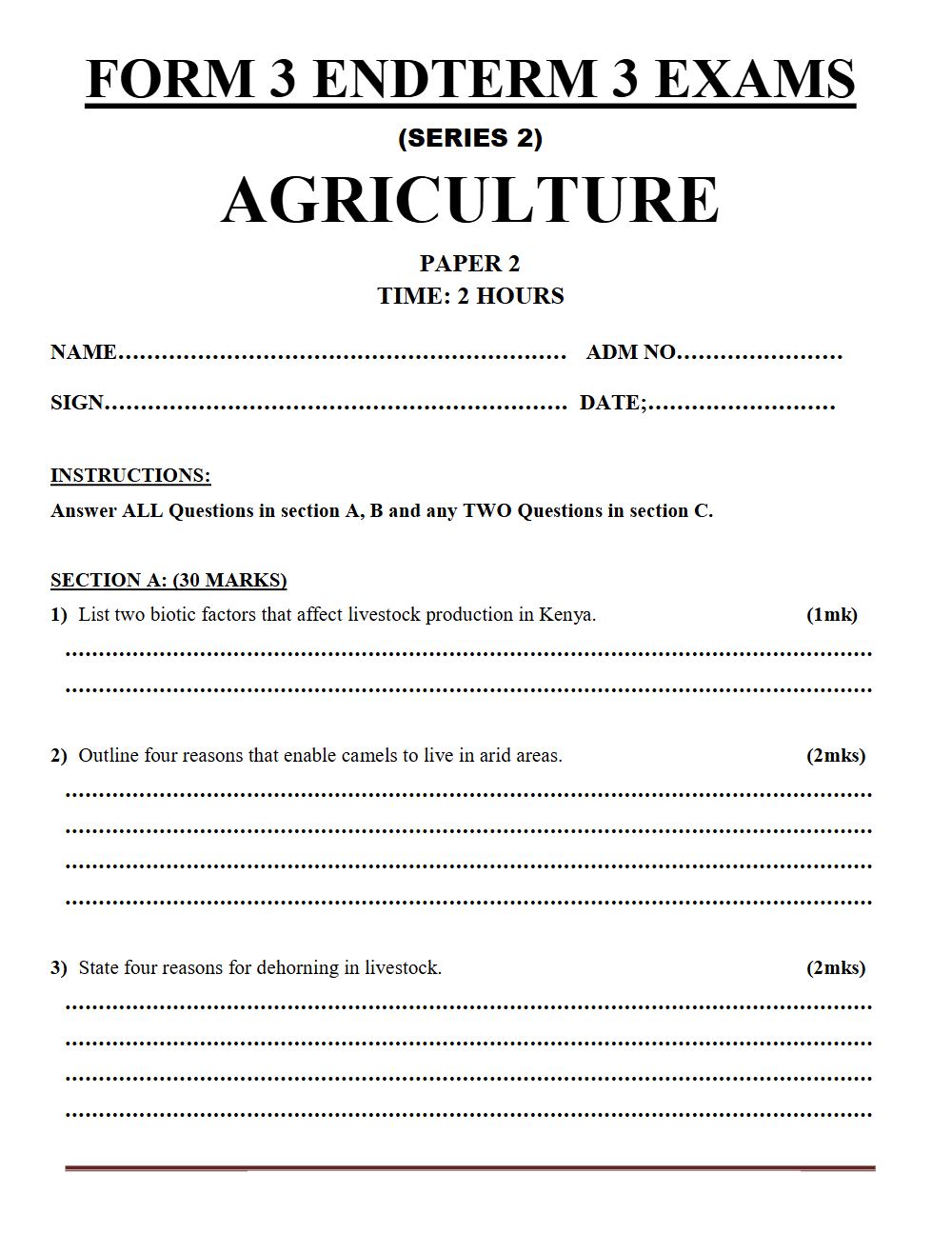 Thumbnail preview of Form 3 Agriculture Paper 2 Term 3 End Term 2026_2