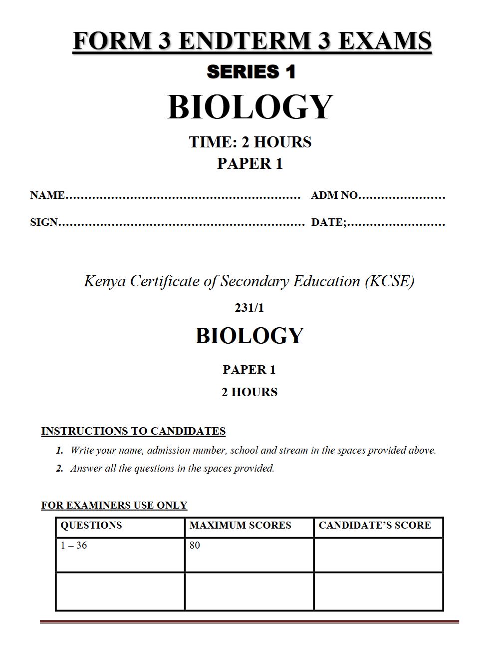 Thumbnail preview of Form 3 Biology Paper 1 Term 3 End Term 2026_1
