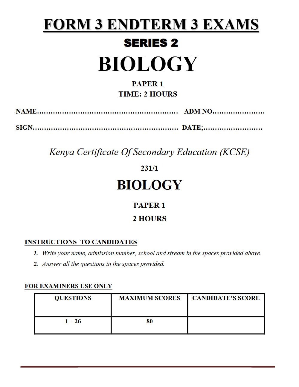 Thumbnail preview of Form 3 Biology Paper 1 Term 3 End Term 2026_2