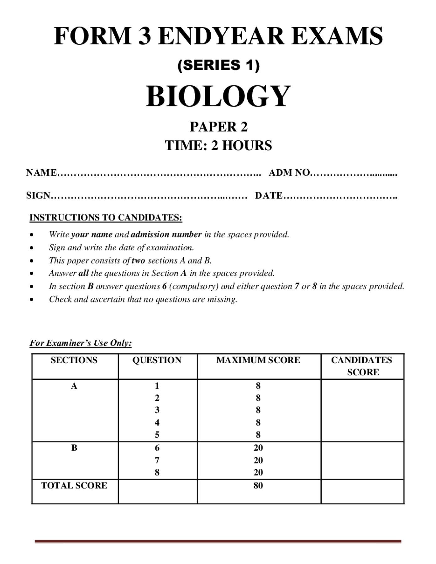 Thumbnail preview of Form 3 Biology Paper 2 End Term 3 2026_1