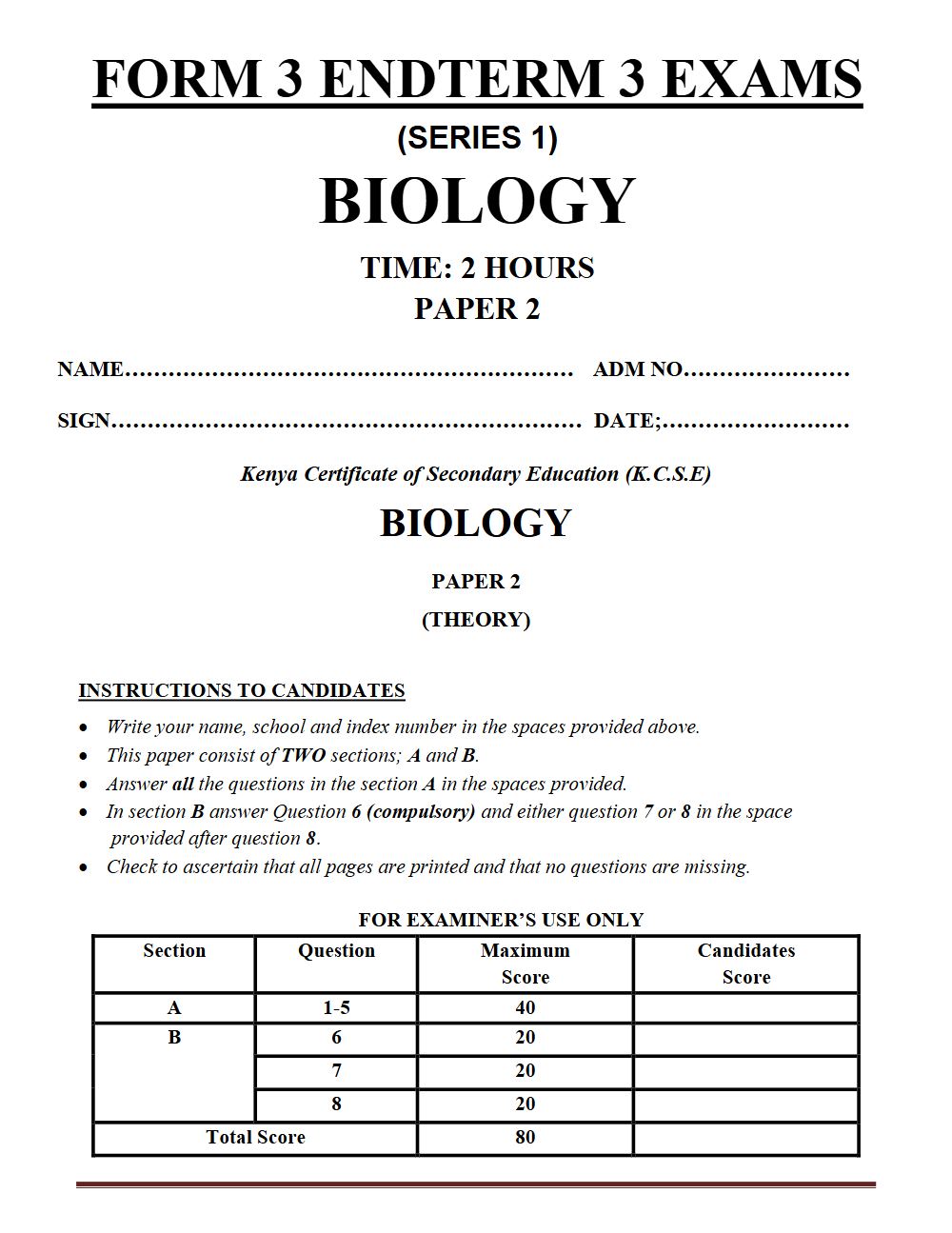 Thumbnail preview of Form 3 Biology Paper 2 Term 3 End Term 2026_1