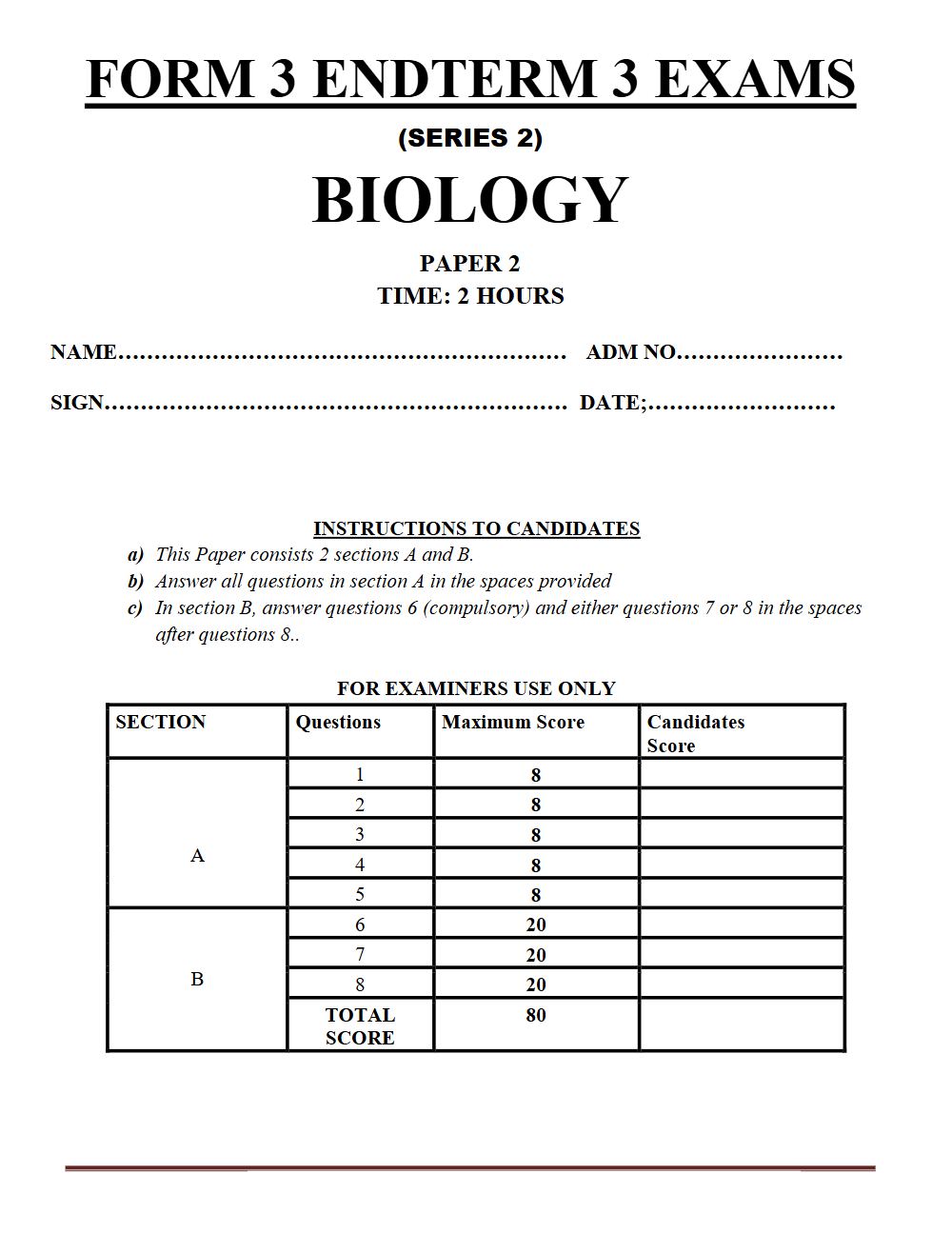 Preview of Form 3 Biology Term 3 End-Term Paper 2 Exam 2026