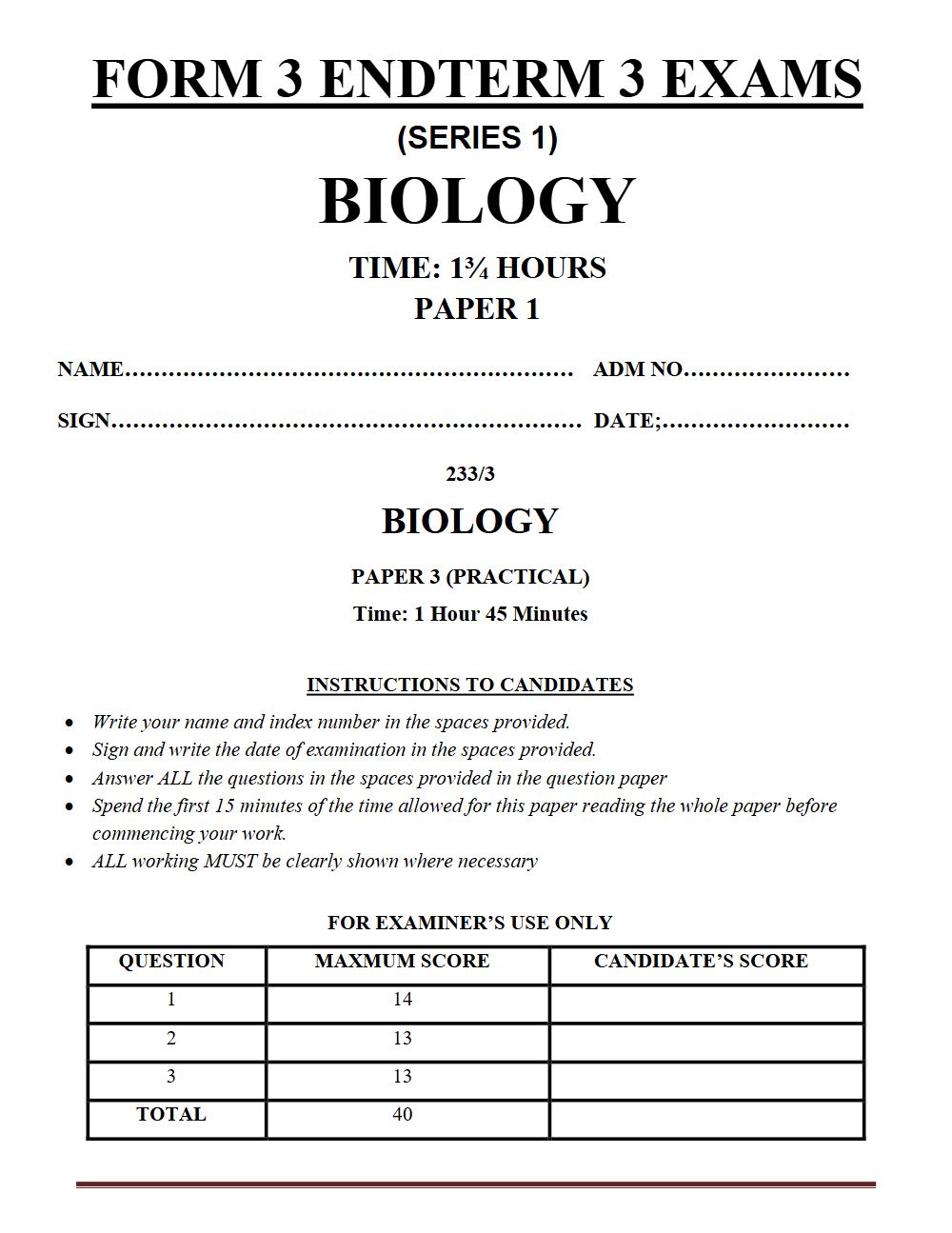 Thumbnail preview of Form 3 Biology Paper 3 Term 3 End Term 2026_1