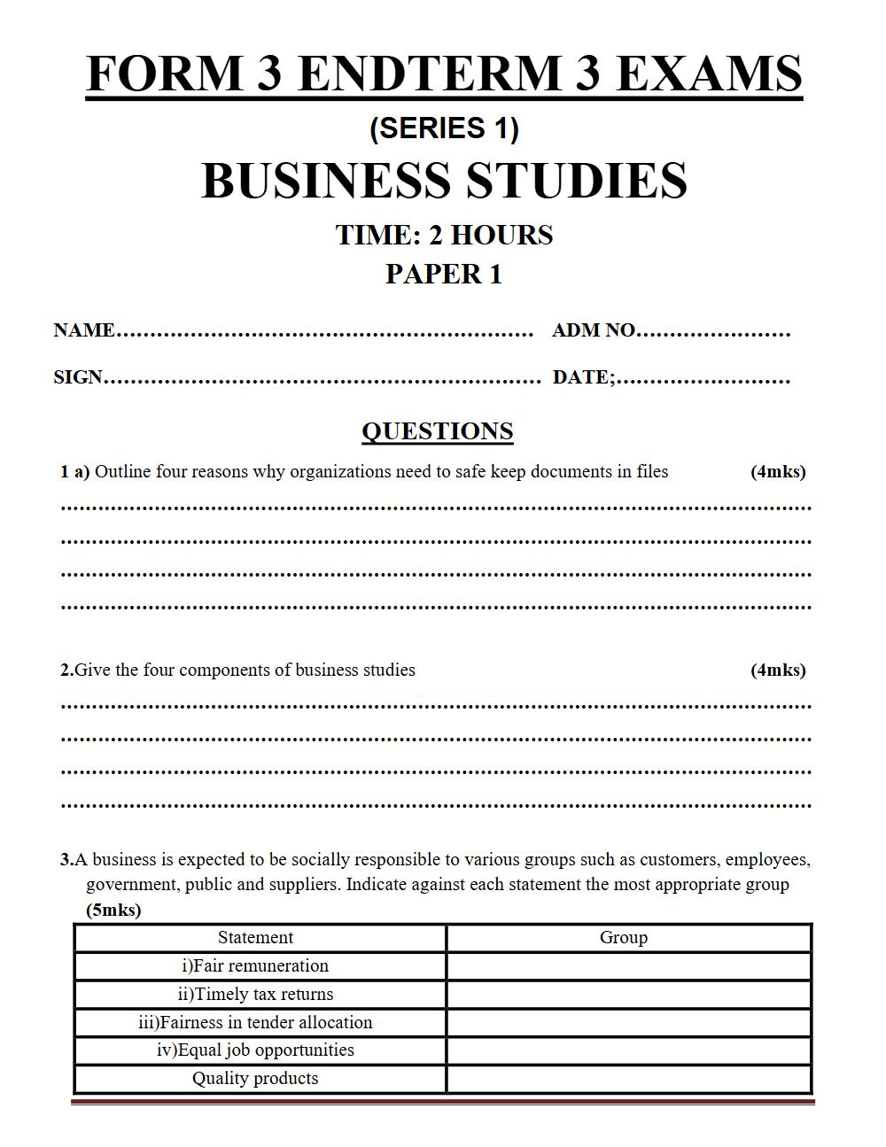 Thumbnail preview of Form 3 Business Studies Paper 1 Term 3 End Term 2026_1