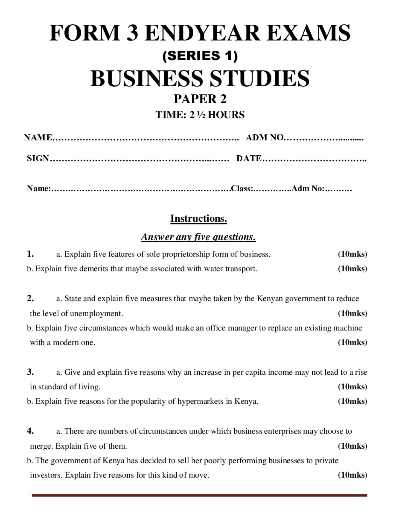 Thumbnail preview of Form 3 Business Studies Paper 2 End Term 3 2026_1