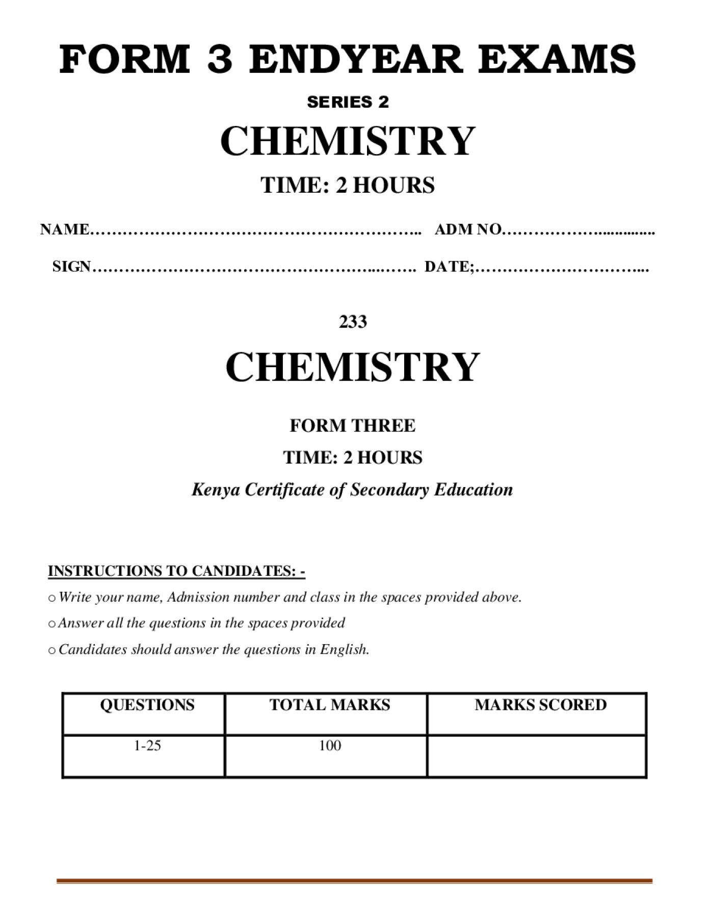 Thumbnail preview of Form 3 Chemistry End Term 3 2026_2
