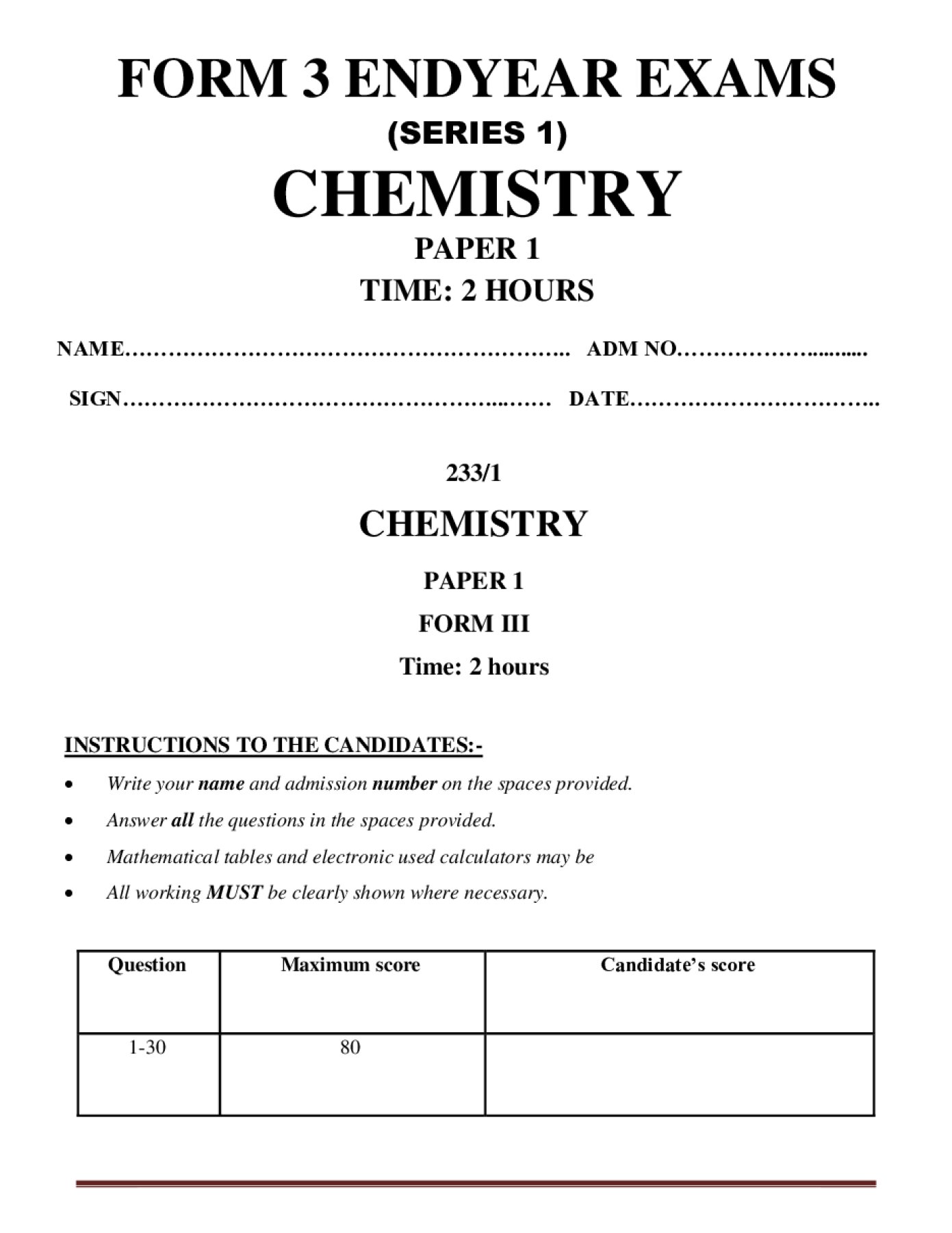 Thumbnail preview of Form 3 Chemistry Paper 1 End Term 3 2026_1