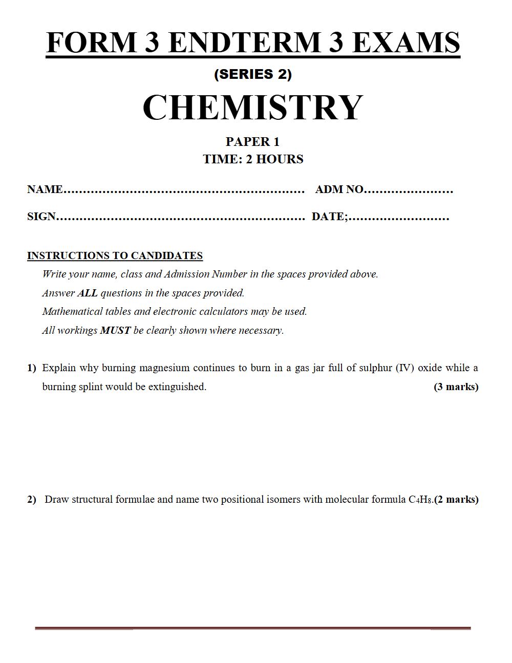 Thumbnail preview of Form 3 Chemistry Paper 1 Term 3 End Term 2026_2