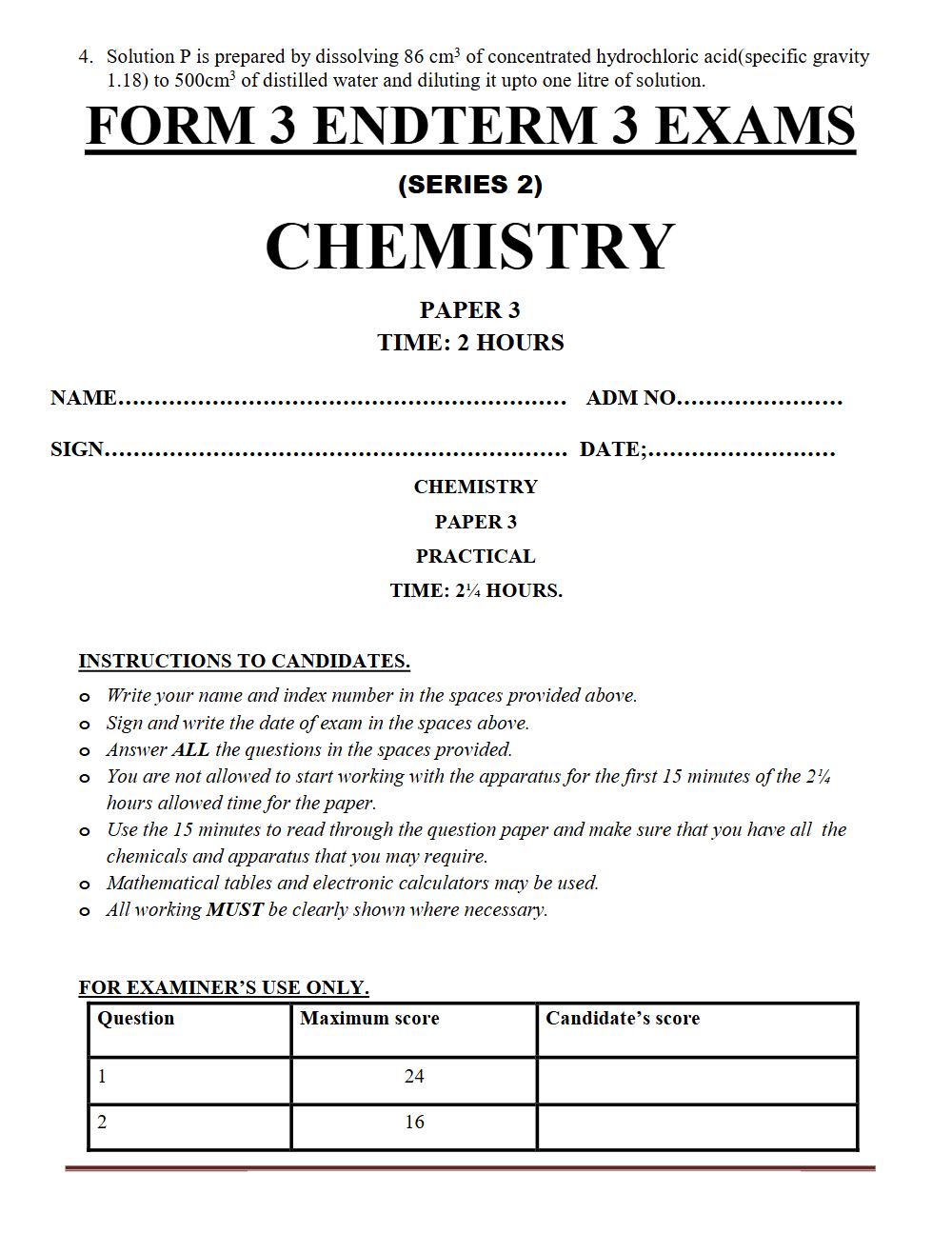 Preview of Form 3 Chemistry Term 3 End-Term Paper 3 Exam 2026