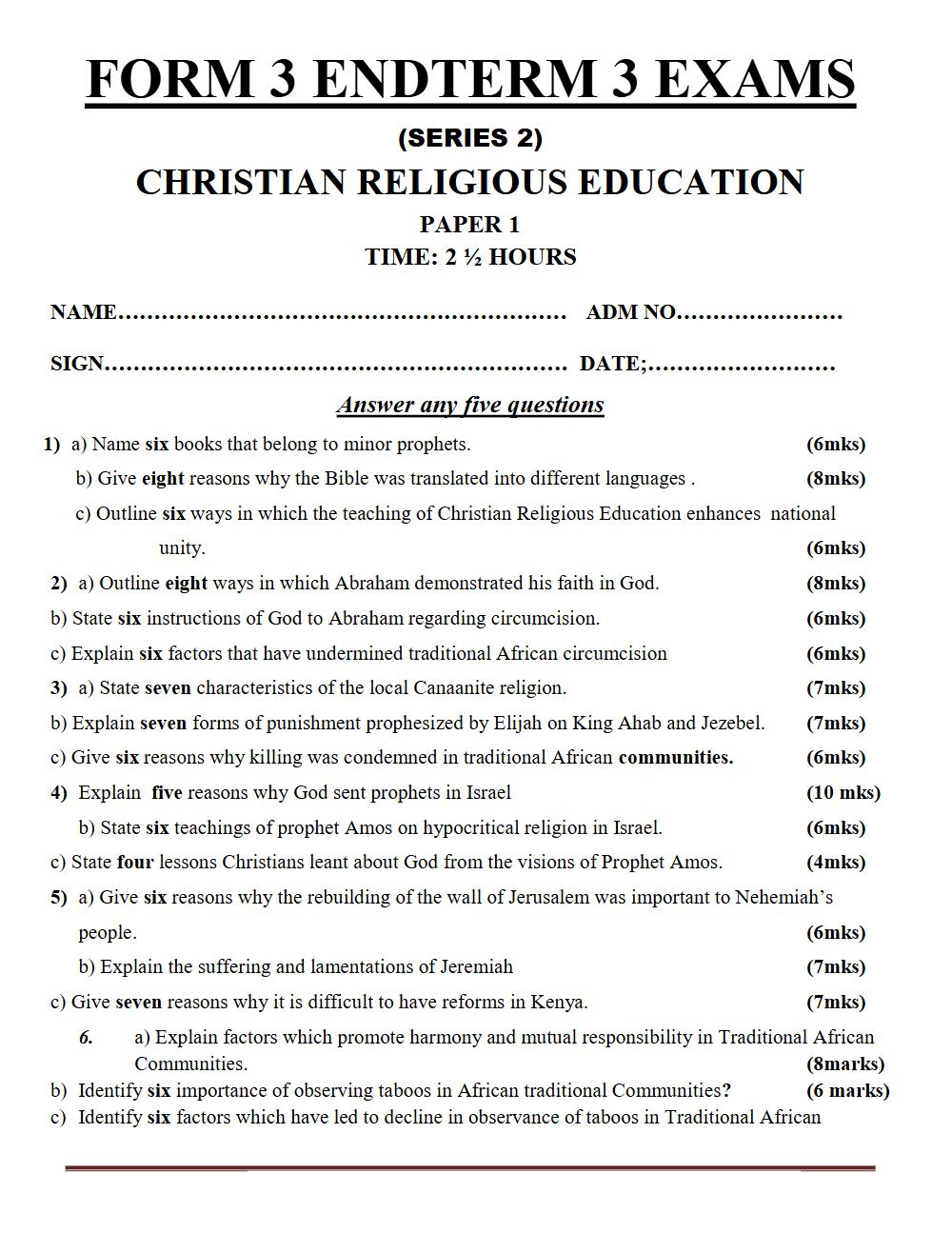 Thumbnail preview of Form 3 CRE Paper 1 Term 3 End Term 2026_2