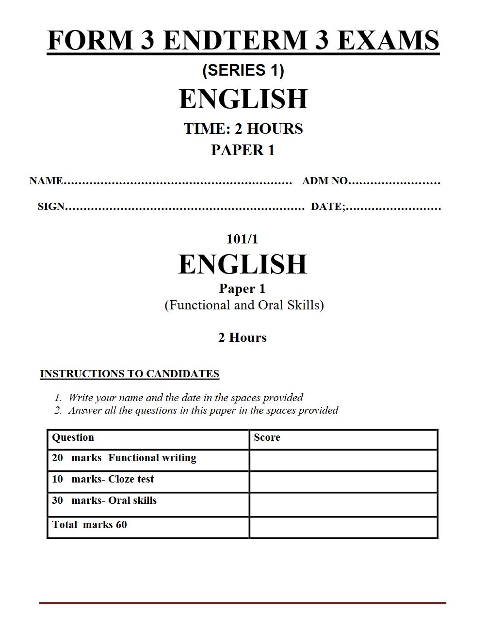 Thumbnail preview of Form 3 English Paper 1 Term 3 End Term 2026_1
