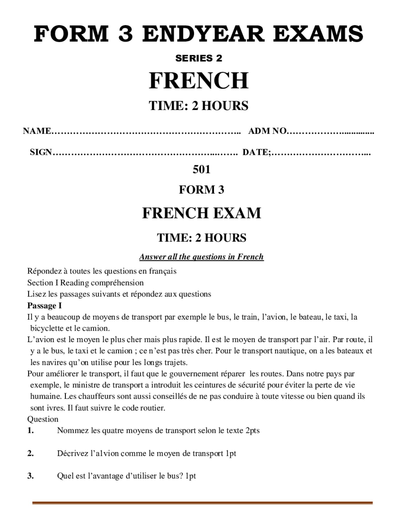 Thumbnail preview of Form 3 French End Term 3 2026_2