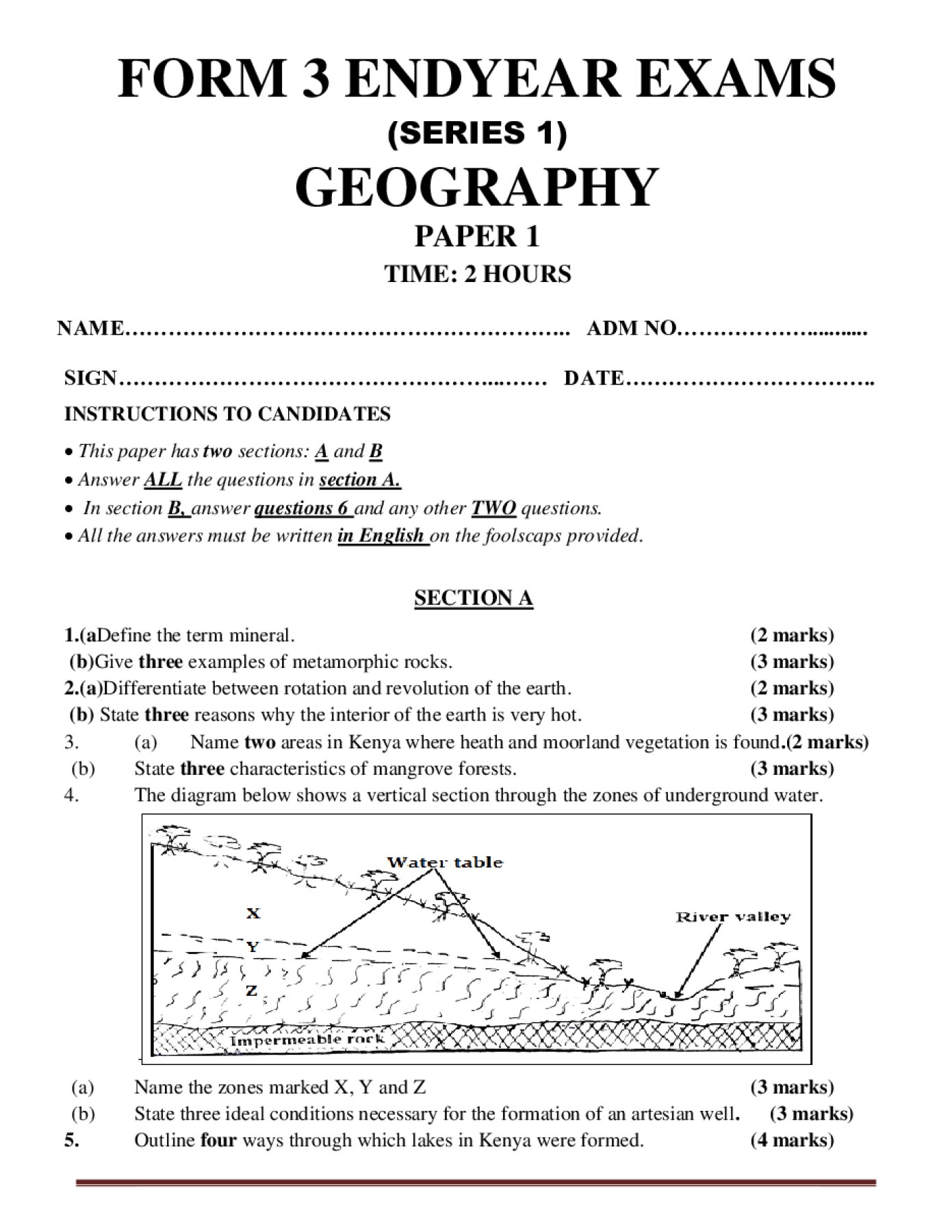 Thumbnail preview of Form 3 Geography Paper 1 End Term 3 2026_1