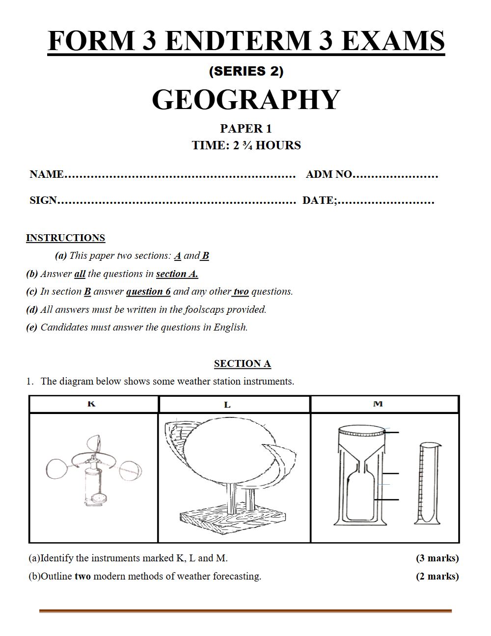 Thumbnail preview of Form 3 Geography Paper 1 Term 3 End Term 2026_2