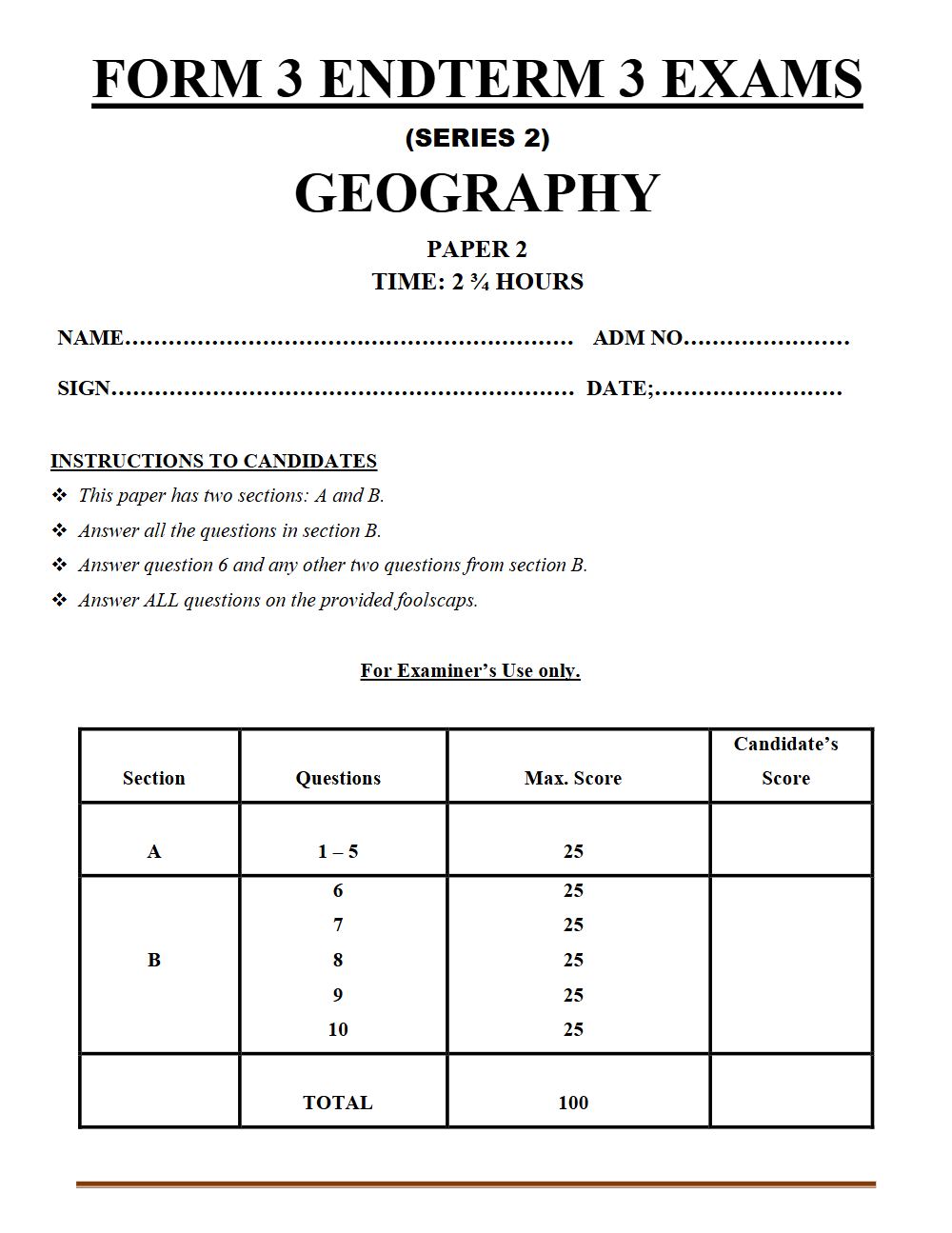 Thumbnail preview of Form 3 Geography Paper 2 Term 3 End Term 2026_2