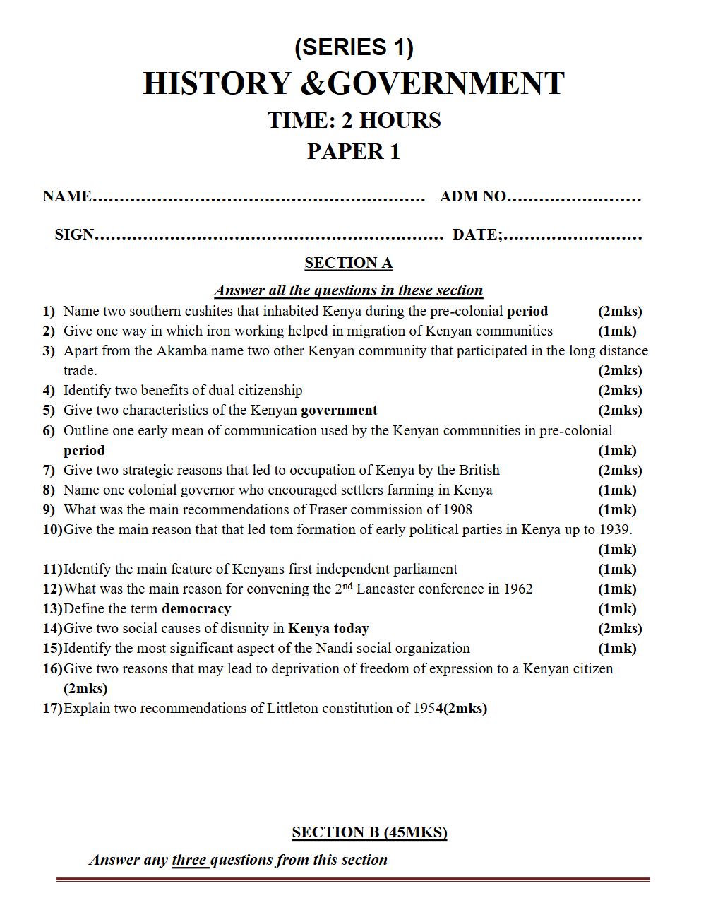Thumbnail preview of Form 3 History and Government Paper 1 Term 3 End Term 2026_1
