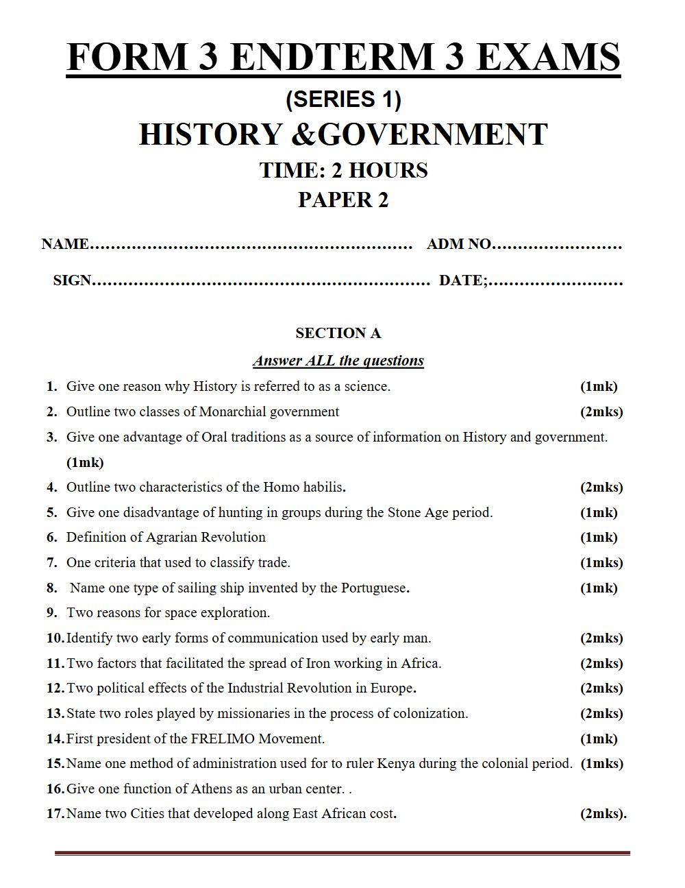 Thumbnail preview of Form 3 History and Government Paper 2 Term 3 End Term 2026_1