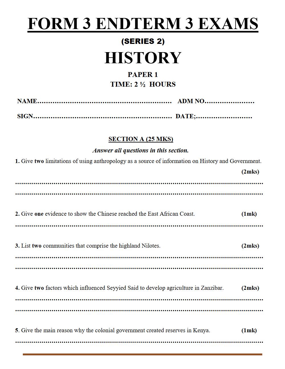 Preview of Form 3 History & Government Term 3 End-Term Paper 1 Exam 2026