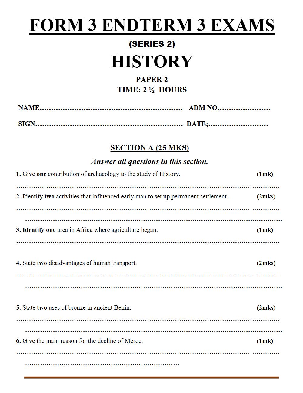 Thumbnail preview of Form 3 History Paper 2 Term 3 End Term 2026_2