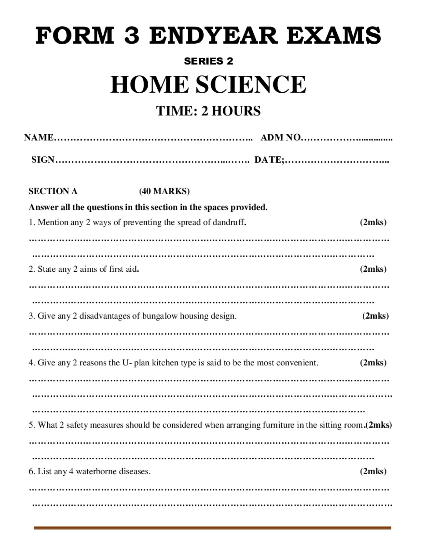 Thumbnail preview of Form 3 Home Science End Term 3 2026_2