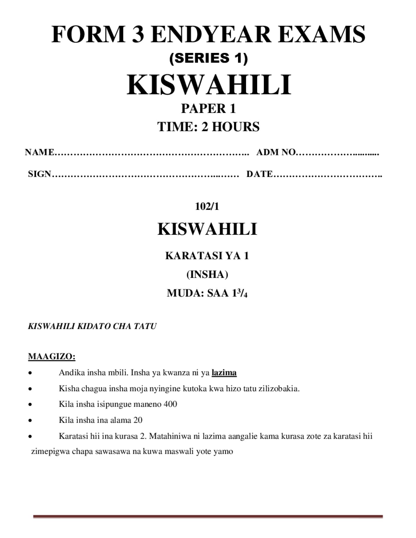 Thumbnail preview of Form 3 Kiswahili Paper 1 End Term 3 2026_1