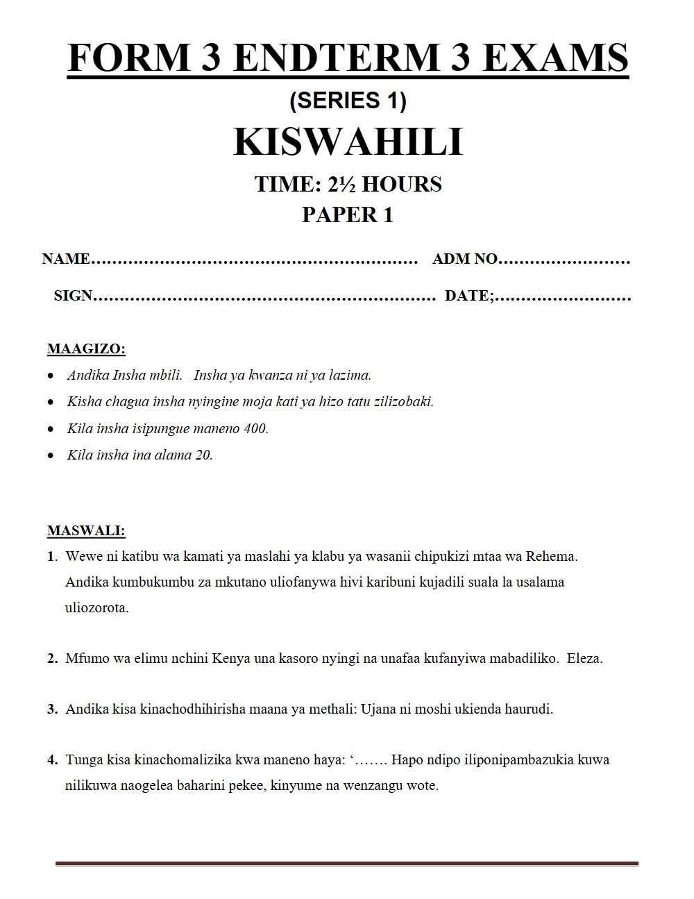Thumbnail preview of Form 3 Kiswahili Paper 1 Term 3 End Term 2026_1