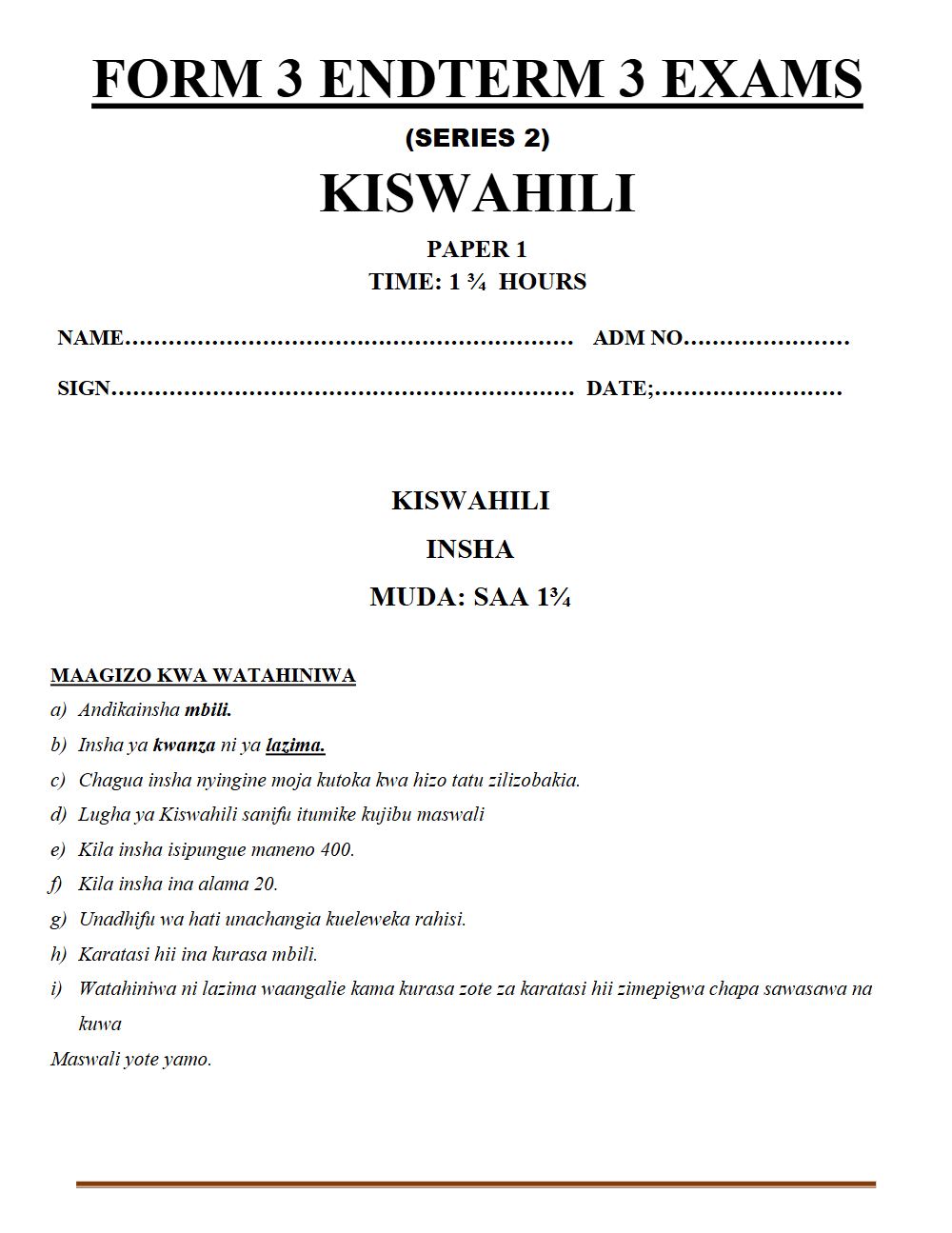 Thumbnail preview of Form 3 Kiswahili Paper 1 Term 3 End Term 2026_2
