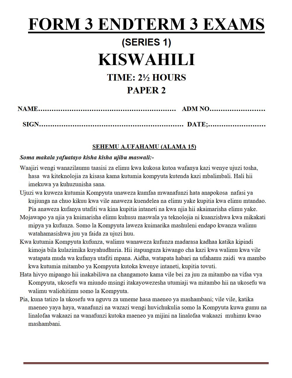 Thumbnail preview of Form 3 Kiswahili Paper 2 Term 3 End Term 2026_1