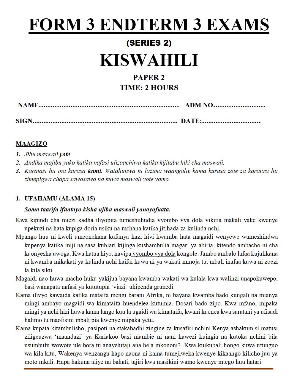 Thumbnail preview of Form 3 Kiswahili Paper 2 Term 3 End Term 2026_2
