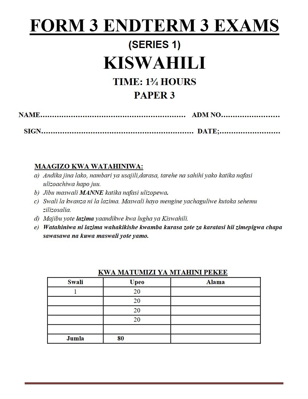 Thumbnail preview of Form 3 Kiswahili Paper 3 Term 3 End Term 2026_1