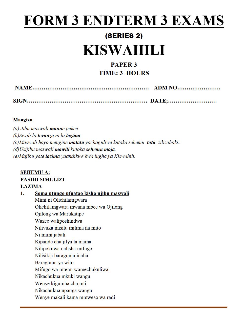 Thumbnail preview of Form 3 Kiswahili Paper 3 Term 3 End Term 2026_2