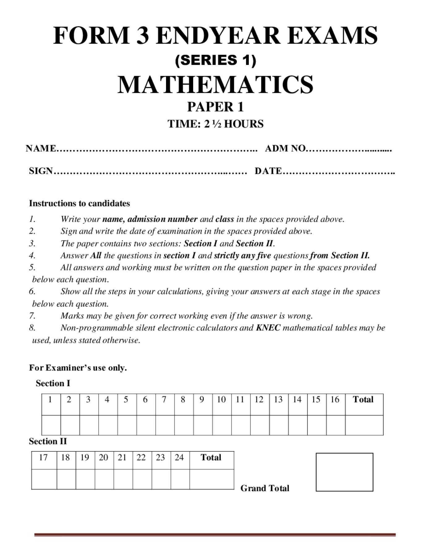 Thumbnail preview of Form 3 Mathematics Paper 1 End Term 3 2026_1