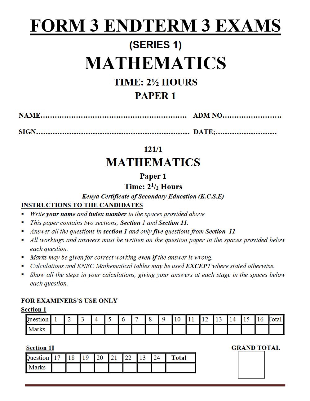 Thumbnail preview of Form 3 Mathematics Paper 1 Term 3 End Term 2026_1