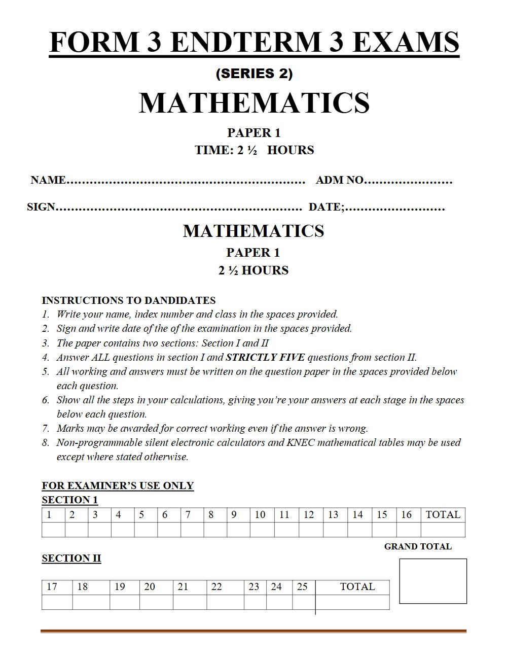 Thumbnail preview of Form 3 Mathematics Paper 1 Term 3 End Term 2026_2