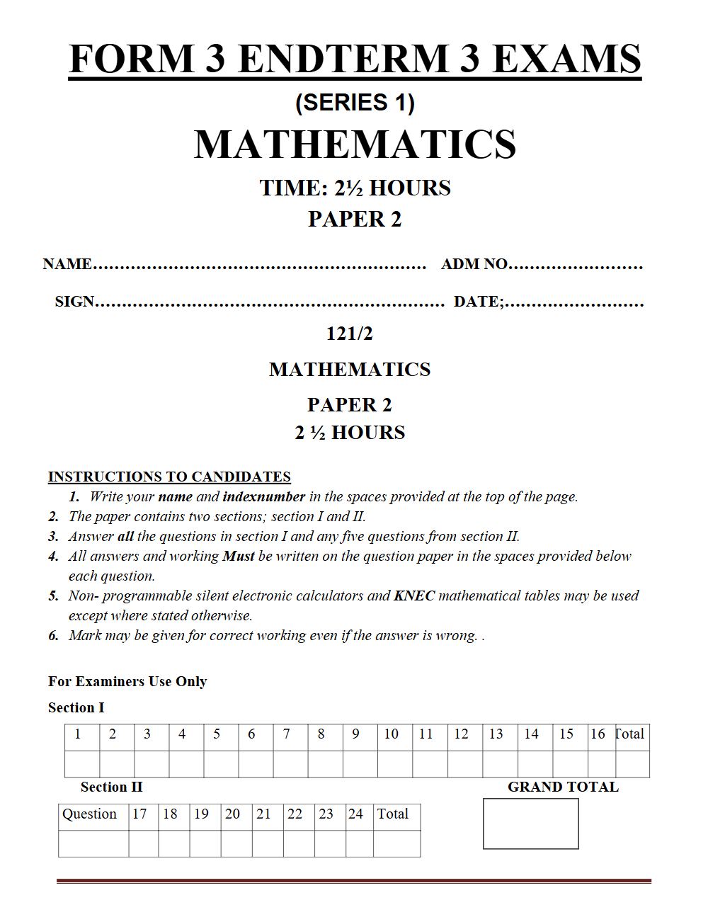 Thumbnail preview of Form 3 Mathematics Paper 2 Term 3 End Term 2026_1