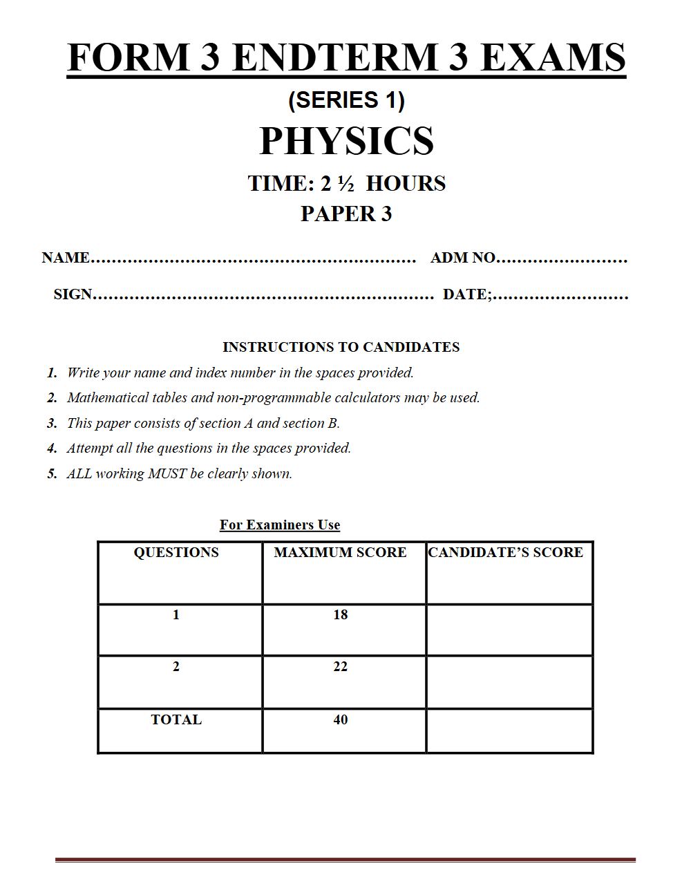 Thumbnail preview of Form 3 Physics Paper 3 Term 3 End Term 2026_1