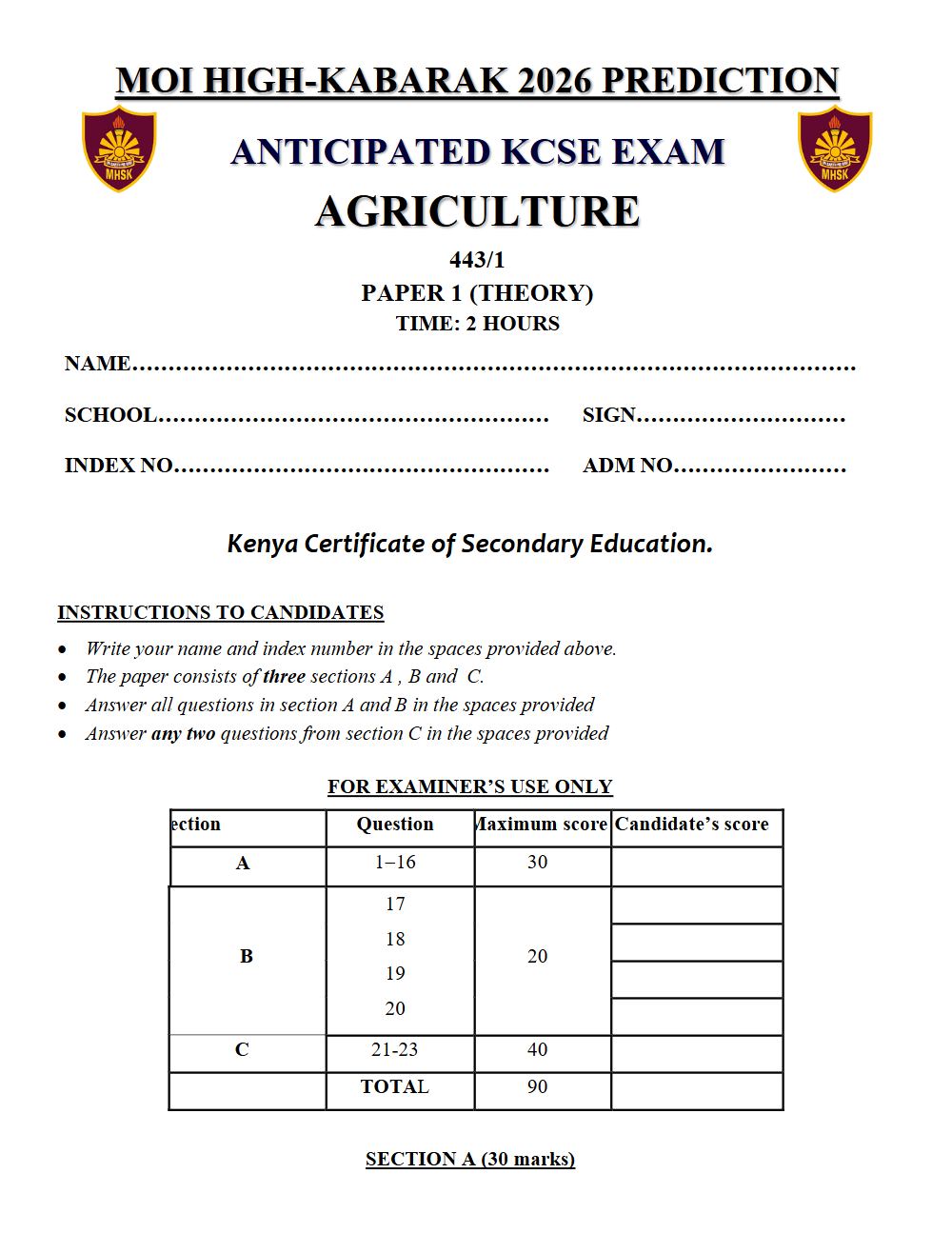 Thumbnail preview of Form 4 Agriculture Paper 1 KCSE Prediction 2026_25