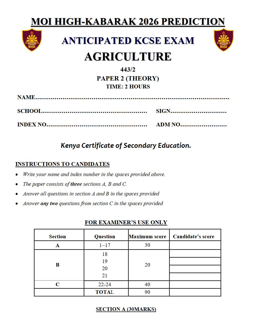 Thumbnail preview of Form 4 Agriculture Paper 2 KCSE Prediction 2026_25
