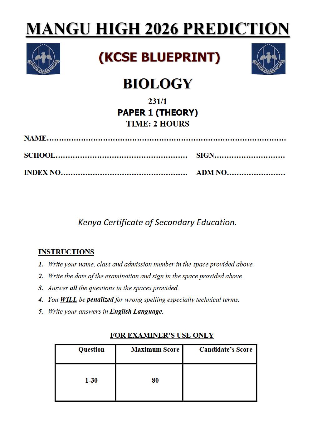 Thumbnail preview of Form 4 Biology Paper 1 KCSE Prediction 2026_21