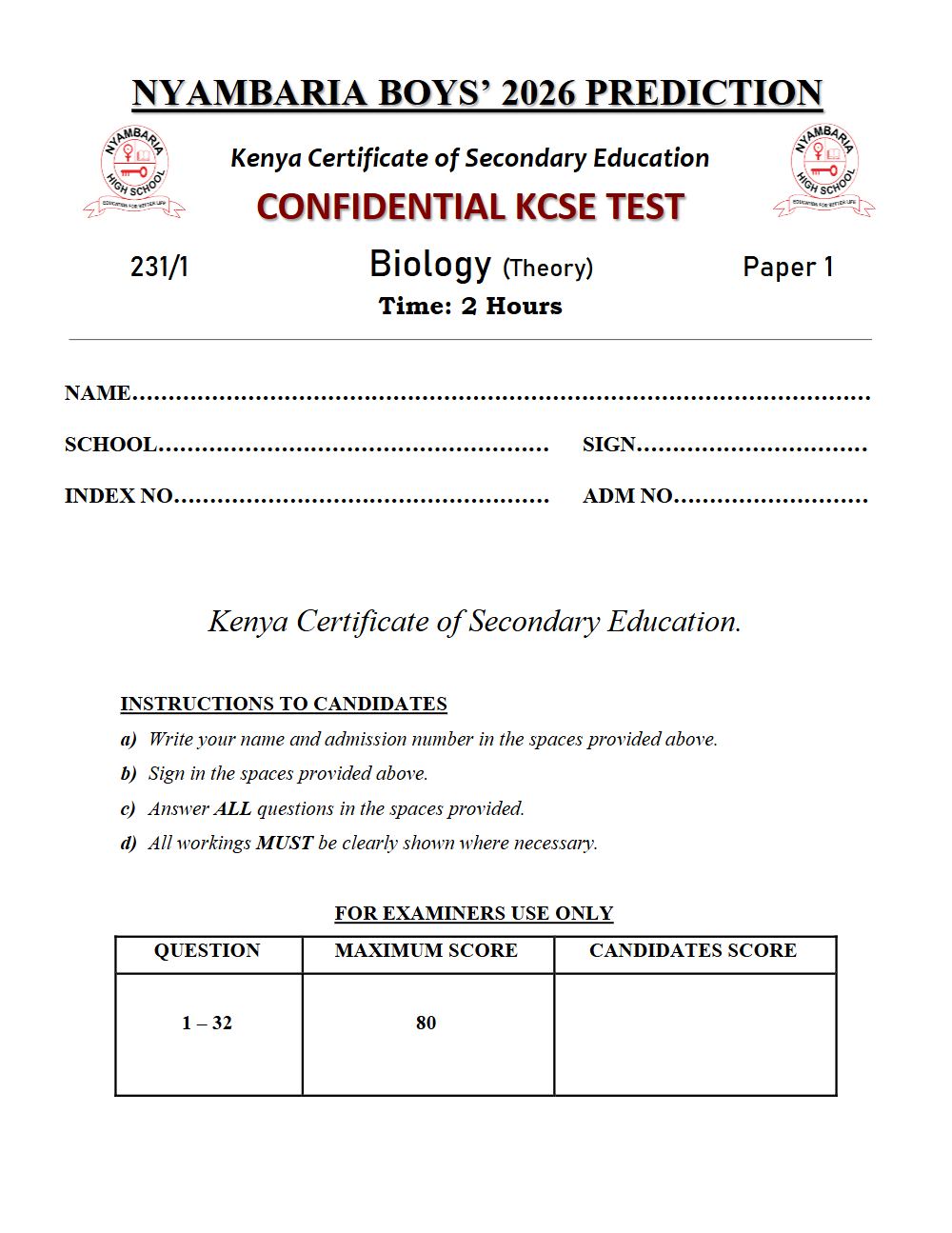 Thumbnail preview of Form 4 Biology Paper 1 KCSE Prediction 2026_28