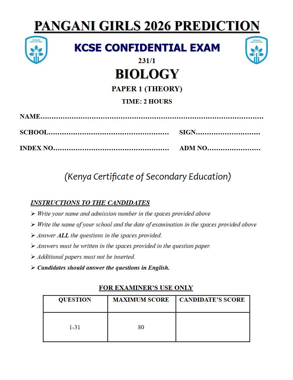 Thumbnail preview of Form 4 Biology Paper 1 KCSE Prediction 2026_29