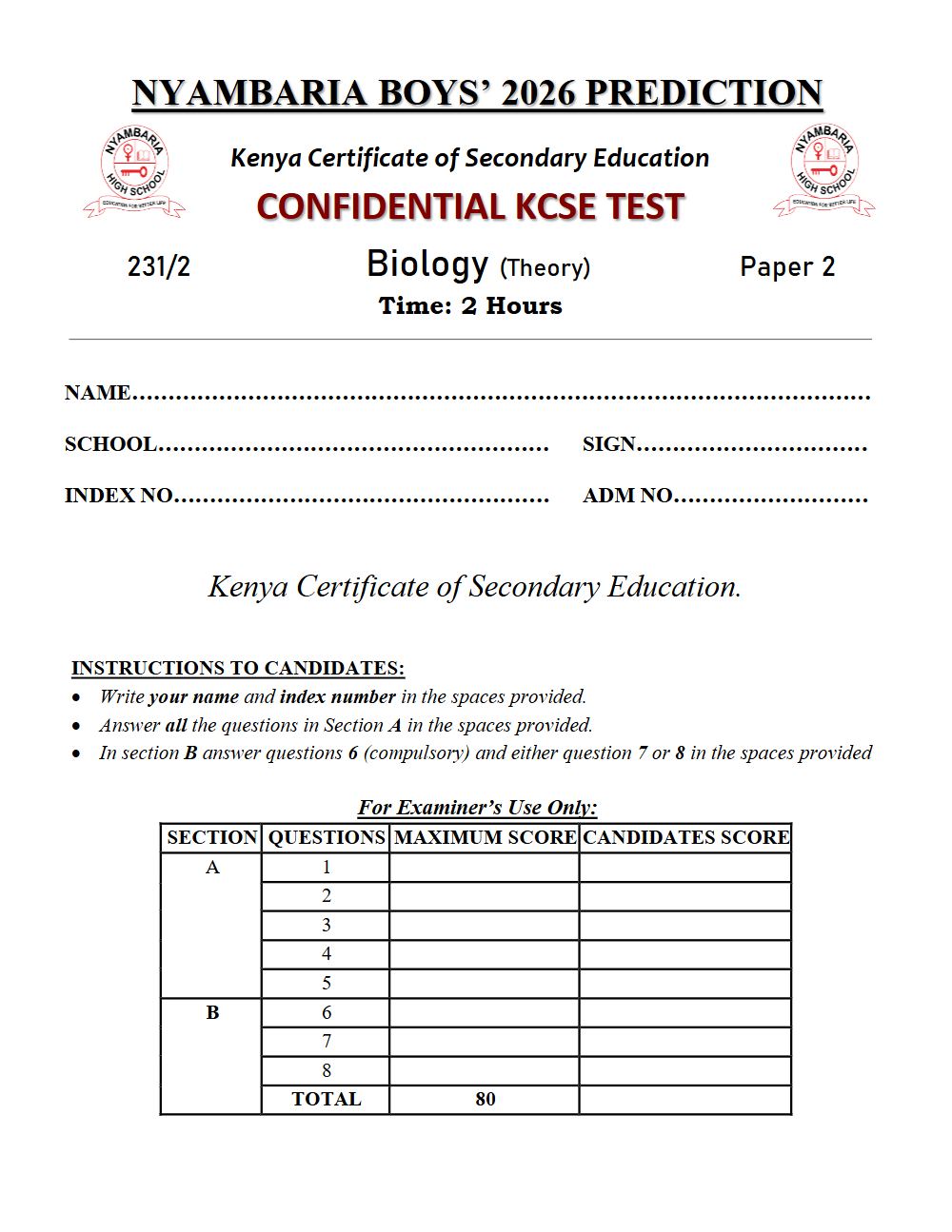 Thumbnail preview of Form 4 Biology Paper 2 KCSE Prediction 2026_28