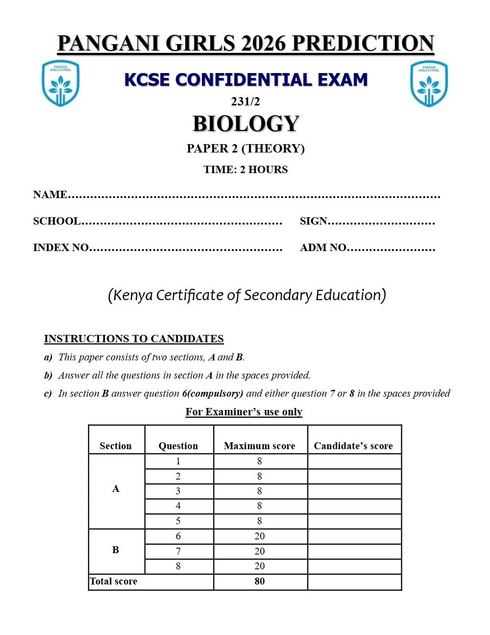 Thumbnail preview of Form 4 Biology Paper 2 KCSE Prediction 2026_29