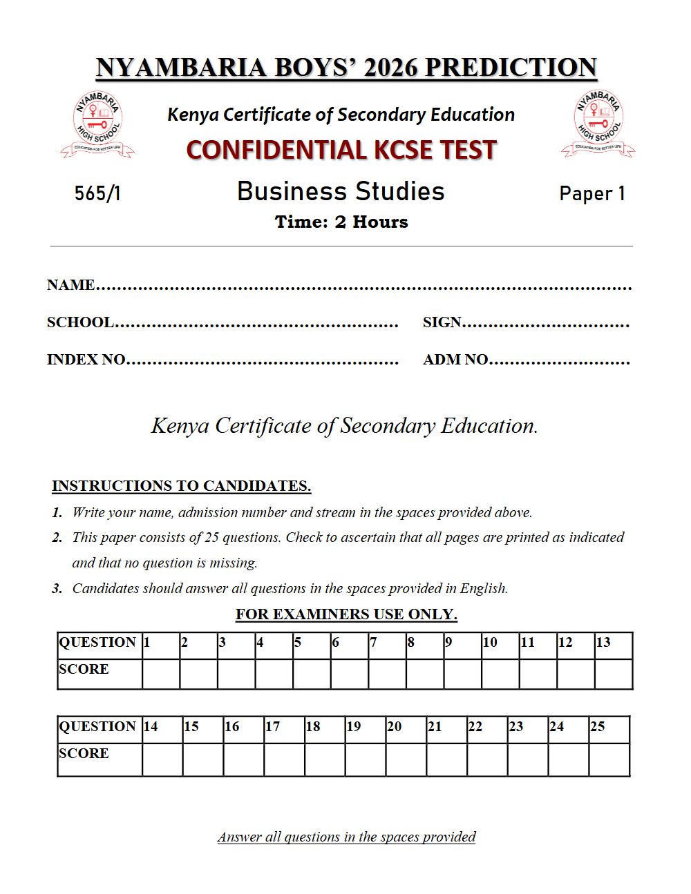 Thumbnail preview of Form 4 Business Studies Paper 1 KCSE Prediction 2026_28